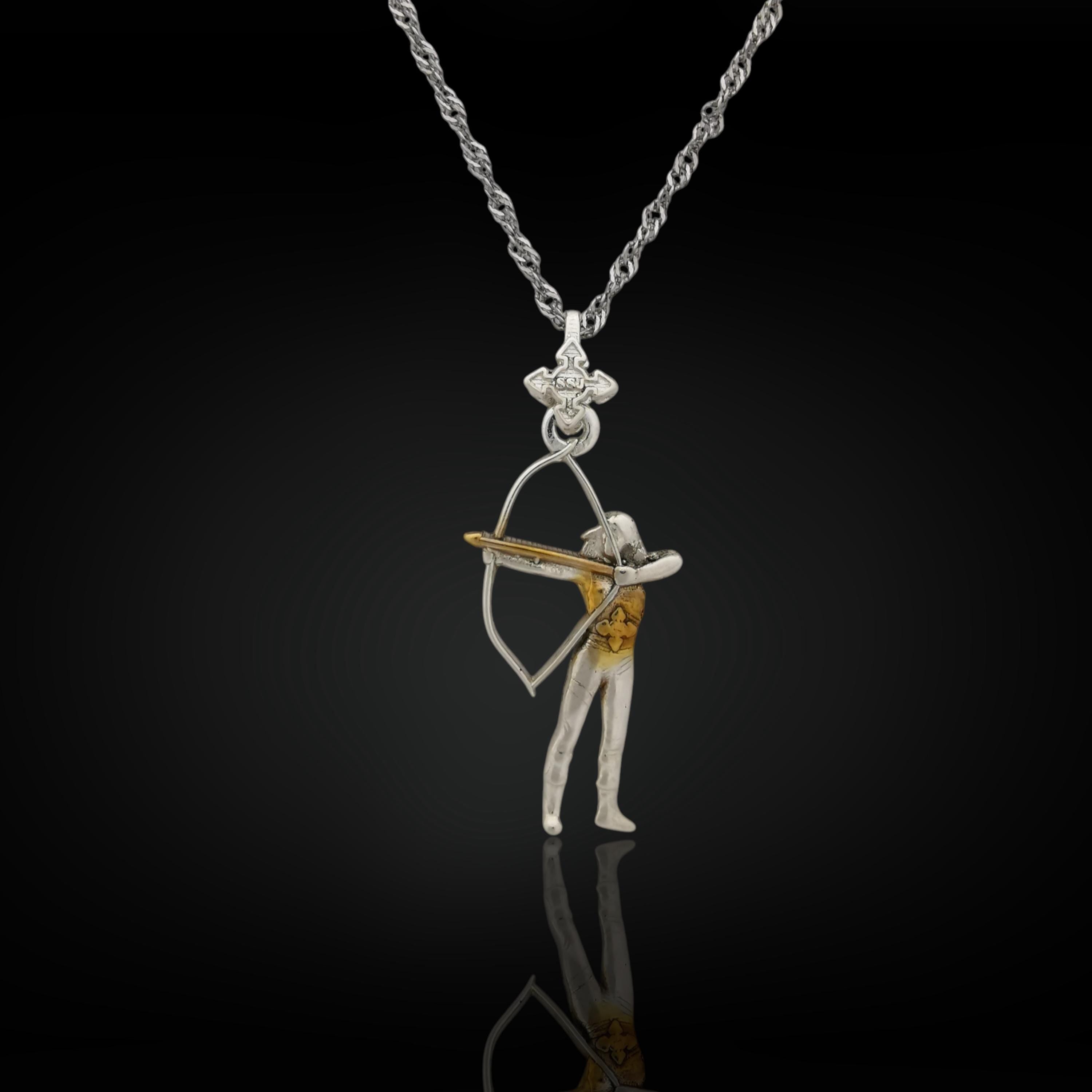 Two tone archer necklace for women crafted from solid 925 sterling silver with partial gold plating – an elegant and powerful pendant for athletes, coaches, and archery fans. This fine jewelry features a female archer in motion, combining sleek silver and warm gold detail.

A unique blend of contrast and meaning, this piece honors strength, balance, and timeless beauty — perfect for women who lead with purpose and grace.