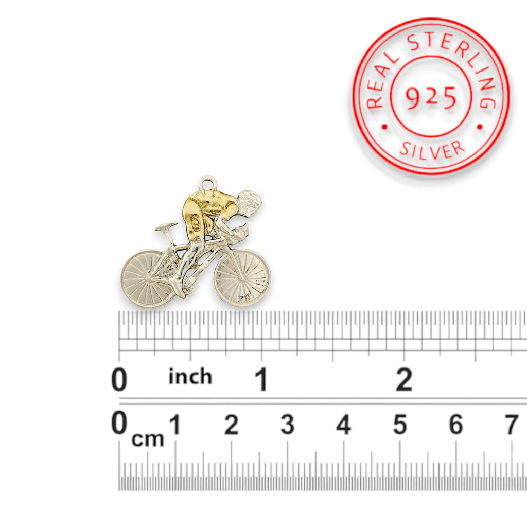Колоездач – Велосипедист – Мъжки спортен медальон с частично позлатено покритие – Сребро 925 – Ръчно изработено бижу за любители на колоезденето – SSJ