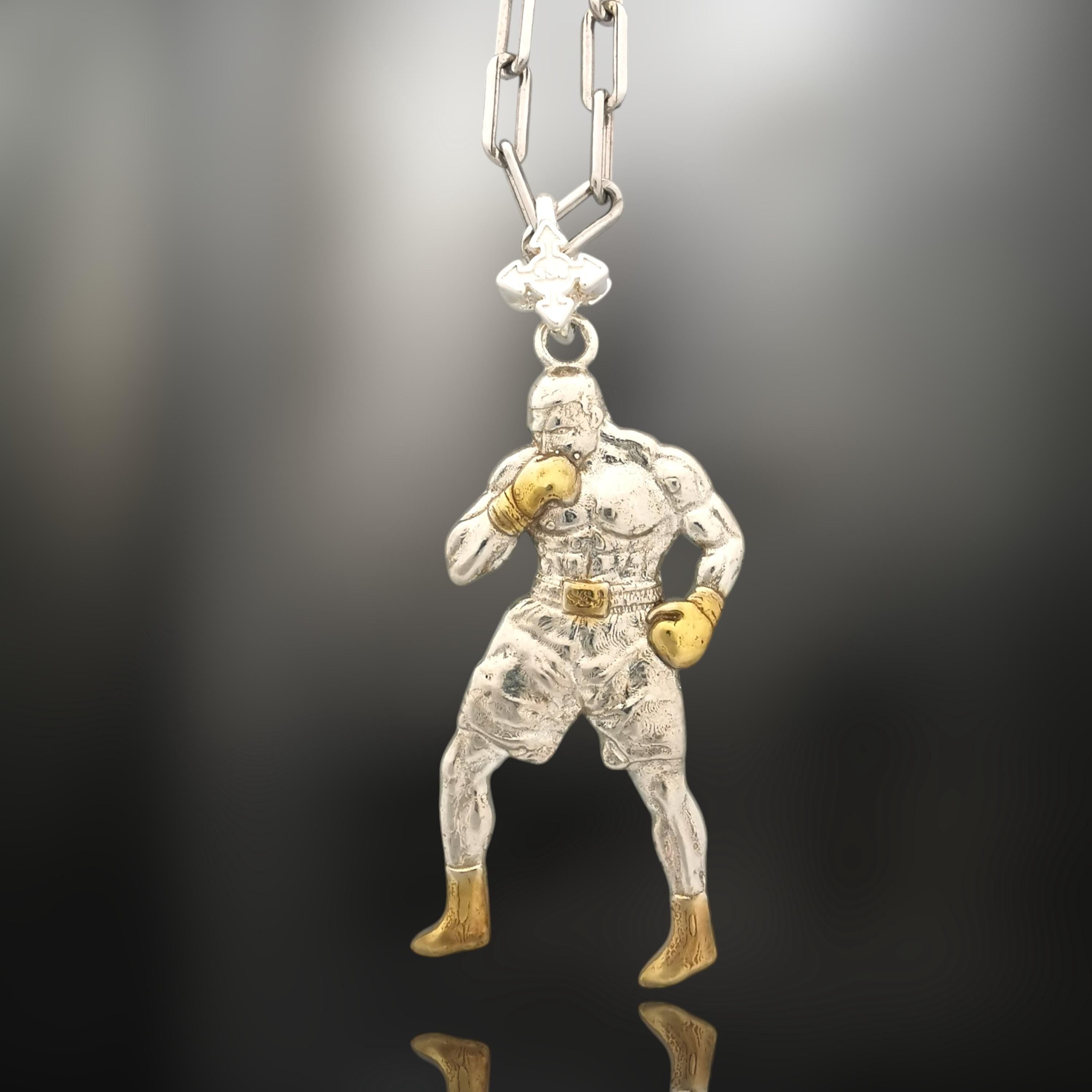 Боксьор – Мъжки спортен медальон за бойци, боксьори и MMA атлети от сребро 925 с частично позлатено покритие – Ръчно изработено бижу талисман за бойни изкуства – SSJ