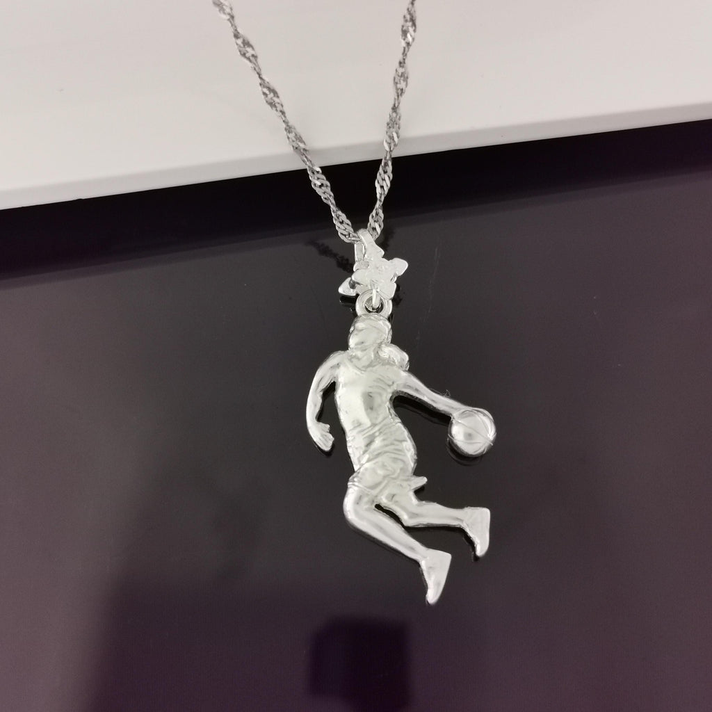 Баскетбол – Женски спортен медальон от сребро 925 с класическо полирано покритие – Ръчно изработено бижу талисман за баскетболистки и фенки на спорта – Идеален подарък за спортист, треньор или почитател – SSJ