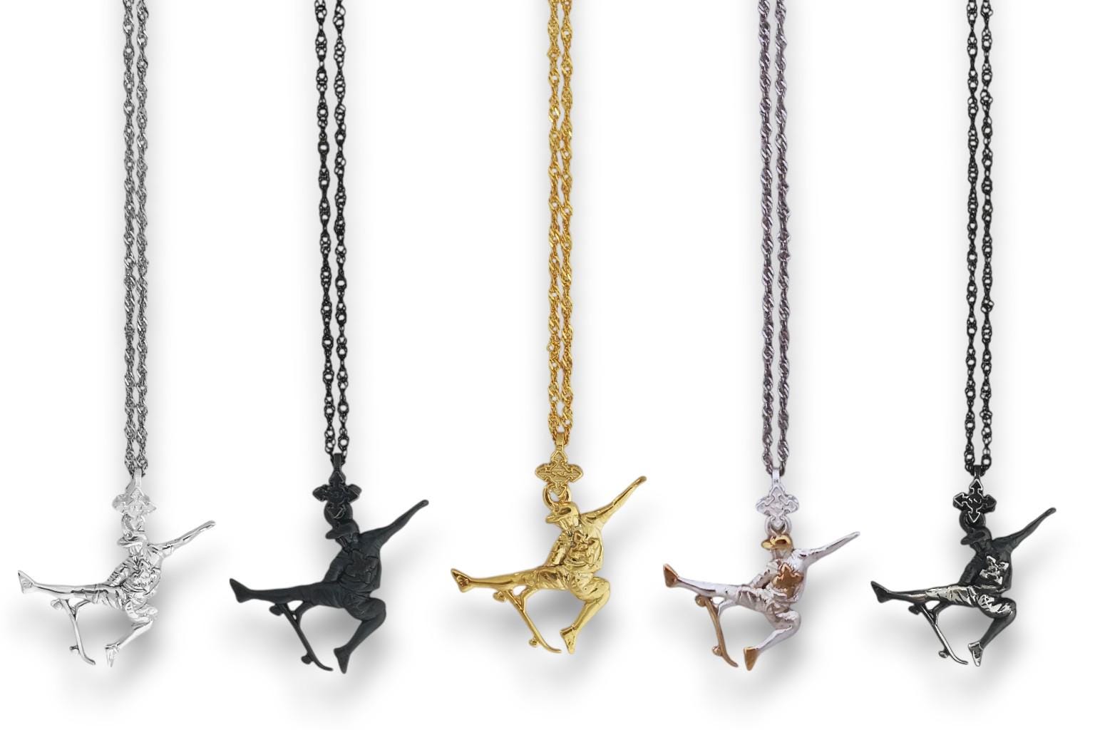 Скейтбордист – Мъжки спортен медальон от сребро 925 в класическо сребро – Ръчно изработено спортно бижу – Идеален подарък за мъж, фен на скейтборда – SSJ