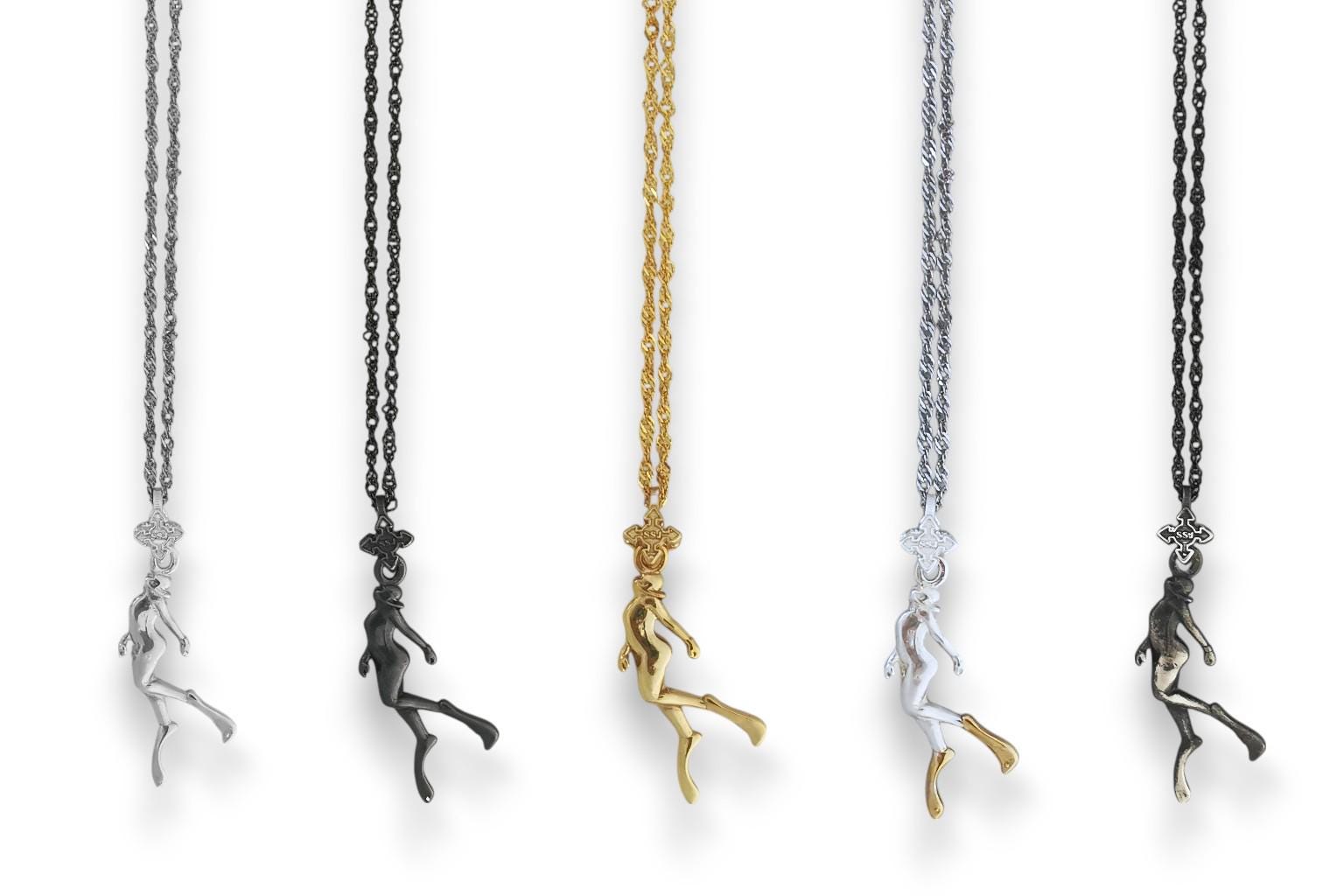 Гмуркач – Дамски медальон Водолаз от сребро 925 с винтидж покритие – Ръчно изработено бижу Дайвинг за любителки на морето и подводните спортове – SSJ