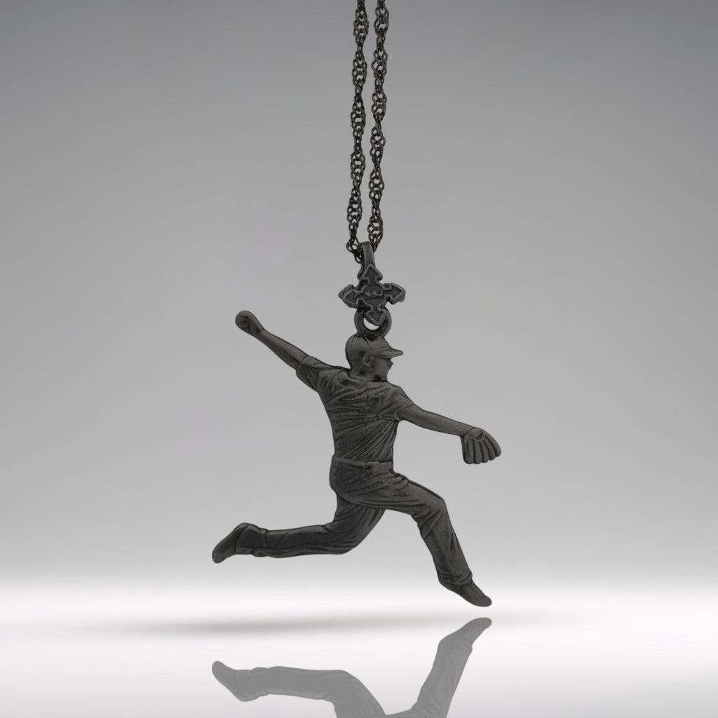 Бейзбол – Мъжки спортен медальон за бейзболист питчър от сребро 925 с оксидирано черно покритие – Ръчно изработено бижу талисман – Идеален подарък за спортисти, треньори и фенове – SSJ