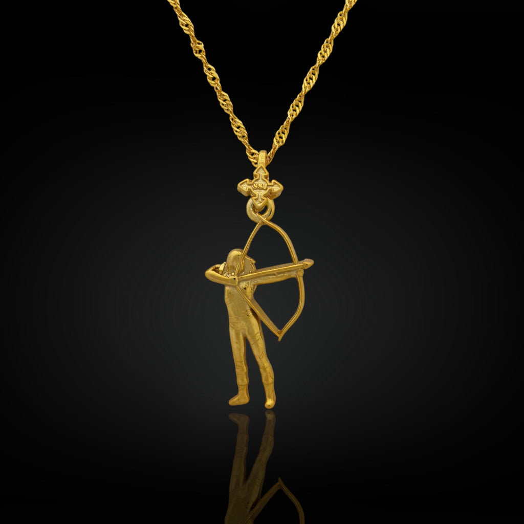 Gold plated archer necklace for women made from solid 925 sterling silver – a luxurious pendant featuring a female archer in motion. This radiant sports jewelry blends elegance with strength, making it a stunning gift for athletes, archery fans, or women with bold spirit.

The rich gold finish adds warmth and glow to a powerful symbol of focus, purpose, and movement. A timeless piece for competition days, milestones, or personal inspiration.