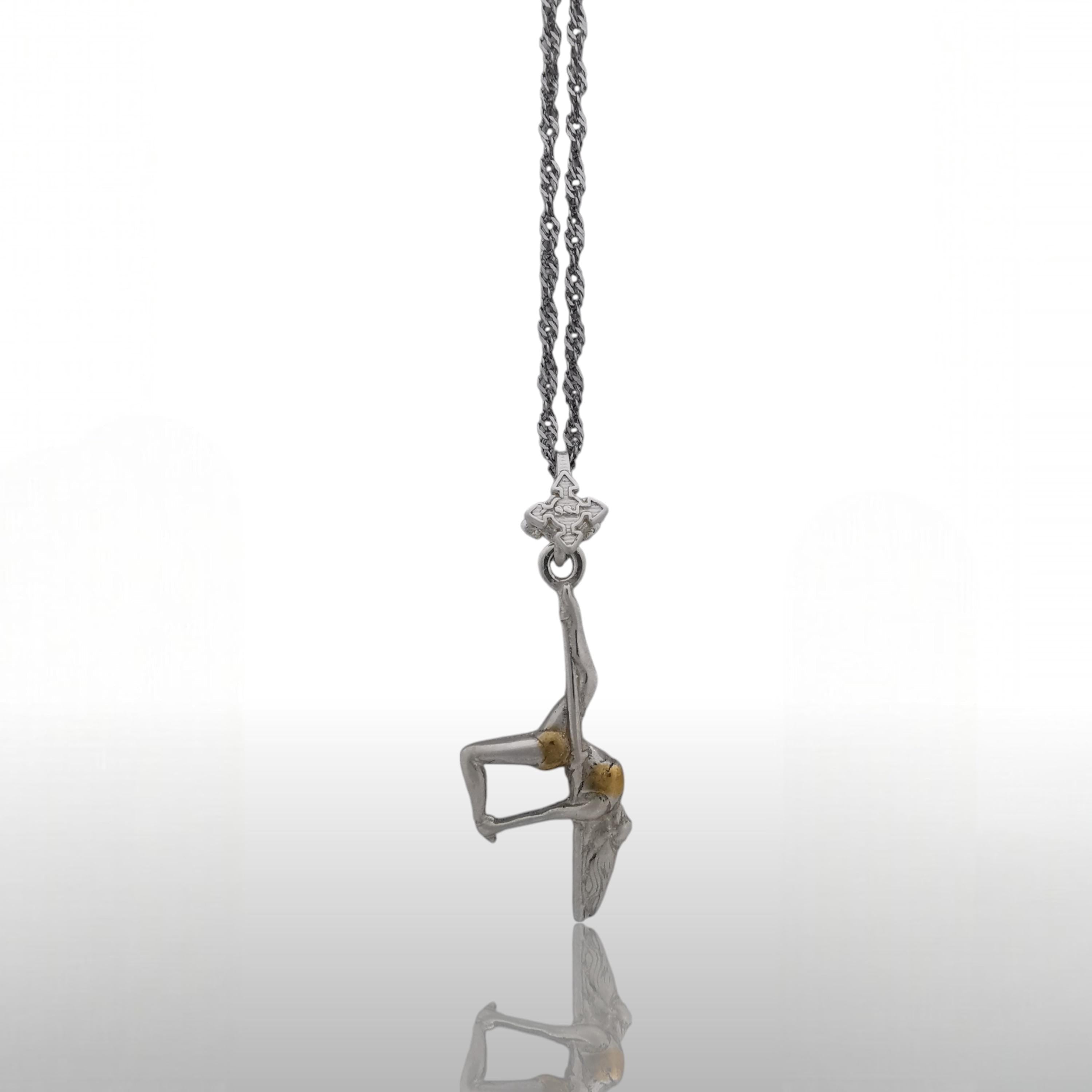 Pole Dance (Танци на пилон) – Дамски спортен медальон от сребро 925 с частично позлатено покритие – Ръчно изработено спортно бижу – Идеален подарък за жена, фенка на гимнастиката – SSJ