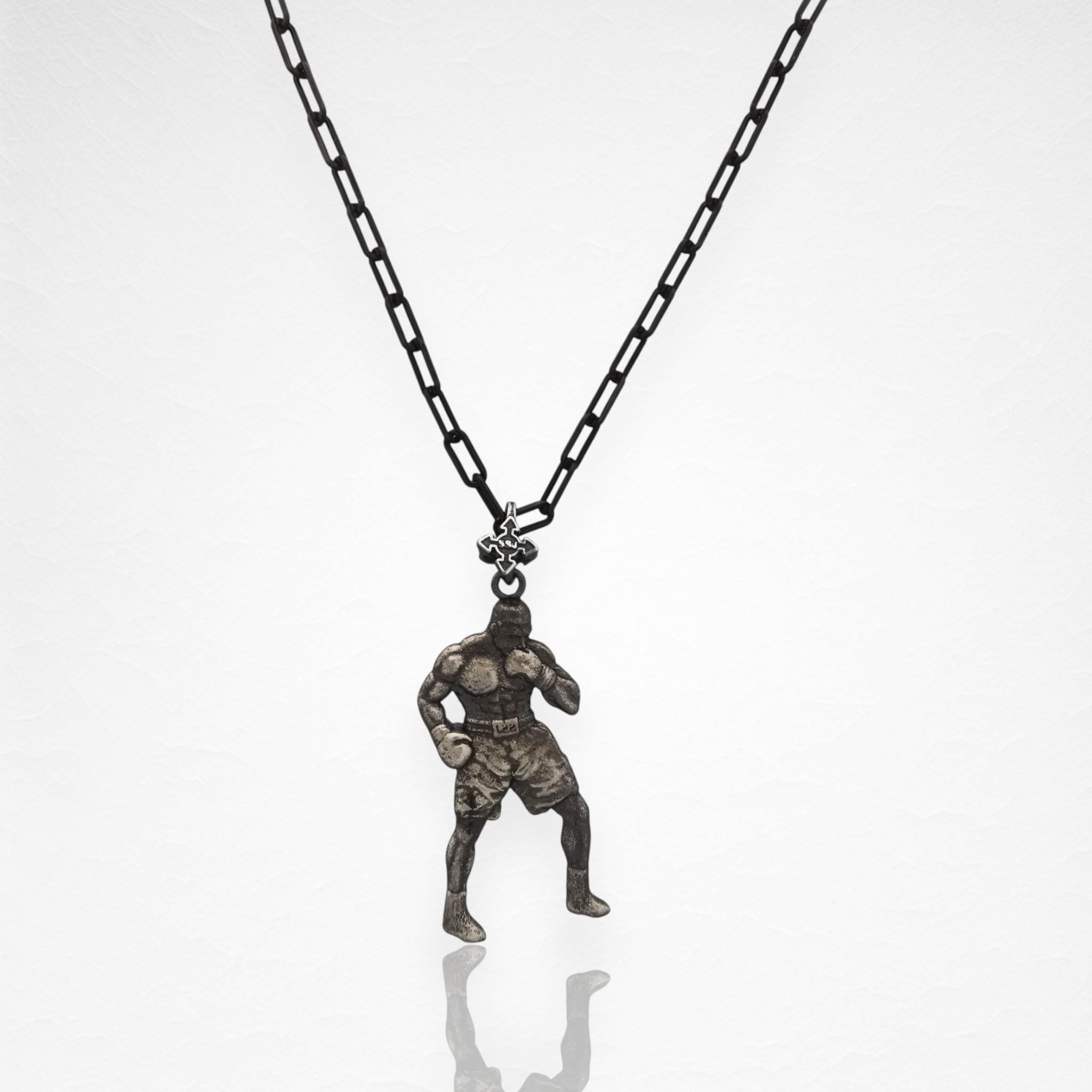 Сребърен мъжки медальон 925 бокс | Боксьор в стойка – винтидж