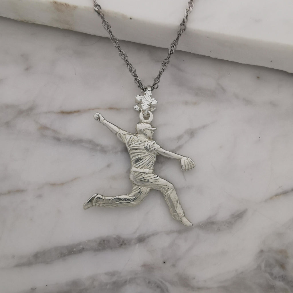 Бейзбол – Мъжки спортен медальон за бейзболист питчър от сребро 925 – Ръчно изработено бижу талисман – Идеален подарък за спортисти, треньори и фенове – SSJ