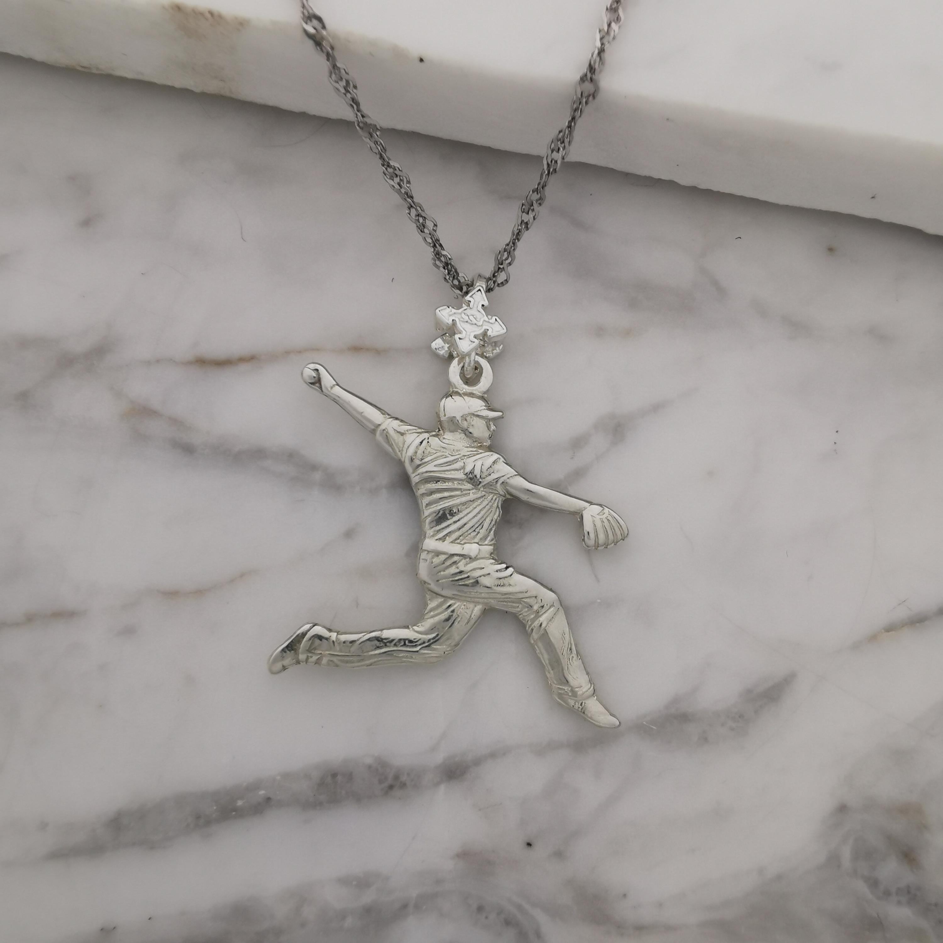 Бейзбол – Мъжки спортен медальон за бейзболист питчър от сребро 925 – Ръчно изработено бижу талисман – Идеален подарък за спортисти, треньори и фенове – SSJ