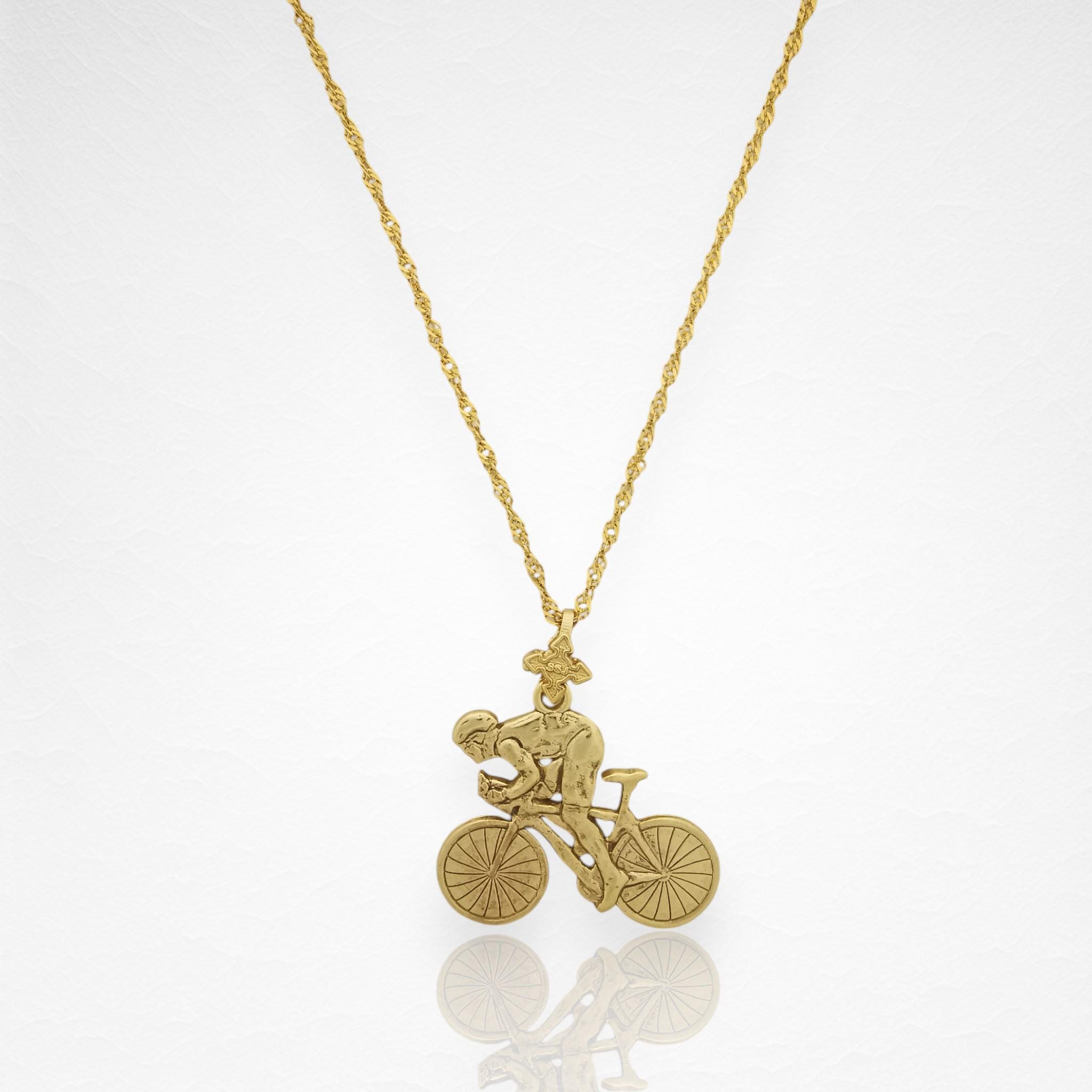 Колоездач – Велосипедист – Мъжки спортен медальон с позлатено покритие – Сребро 925 – Ръчно изработено бижу за любители на колоезденето – SSJ