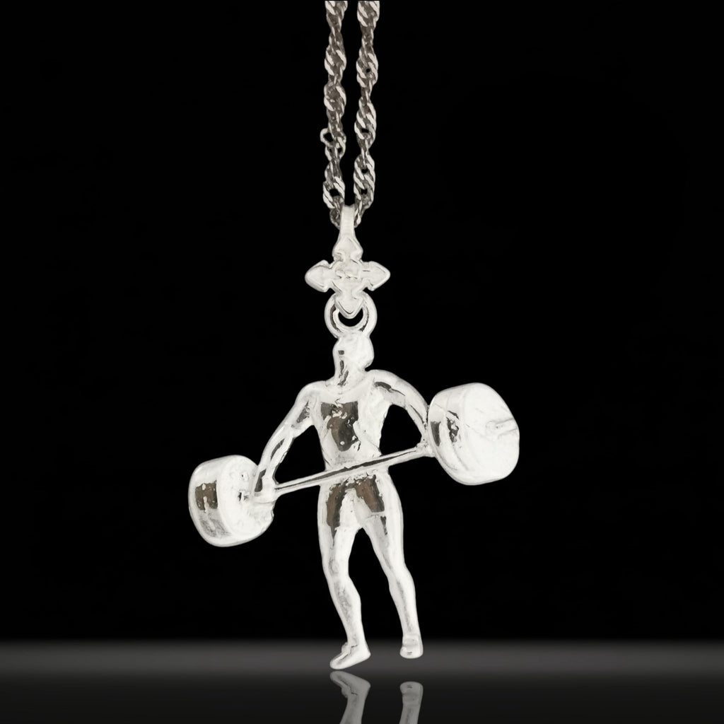 Вдигане на тежести – Мъжки спортен медальон от сребро 925 в класическо сребро – Ръчно изработено спортно бижу – Идеален подарък за мъж, фен на силовите спортове – SSJ