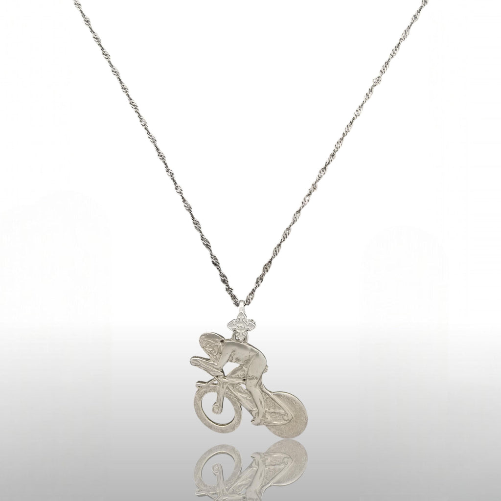 Колоездач – Велосипедист – Пистов състезател – Мъжки спортен медальон от сребро 925 – Ръчно изработено бижу за шосейно и пистово колоездене – SSJ