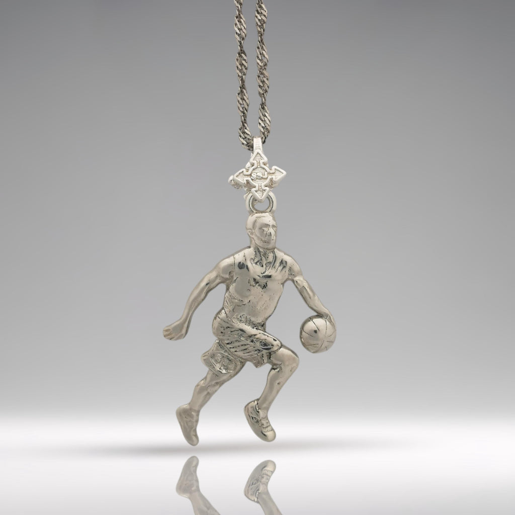 Баскетбол – Мъжки спортен медальон от сребро 925 с класическо полирано покритие – Ръчно изработено бижу талисман за баскетболисти и фенове – Идеален подарък за спортист, треньор или почитател – SSJ